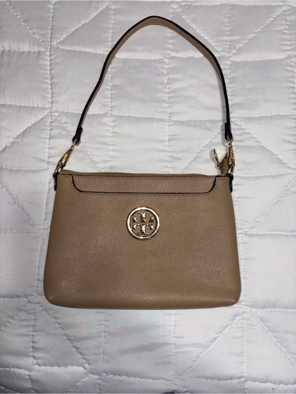 Tory Burch Taupe Pebbled Leather Shoulder Bag with Gold Logo
